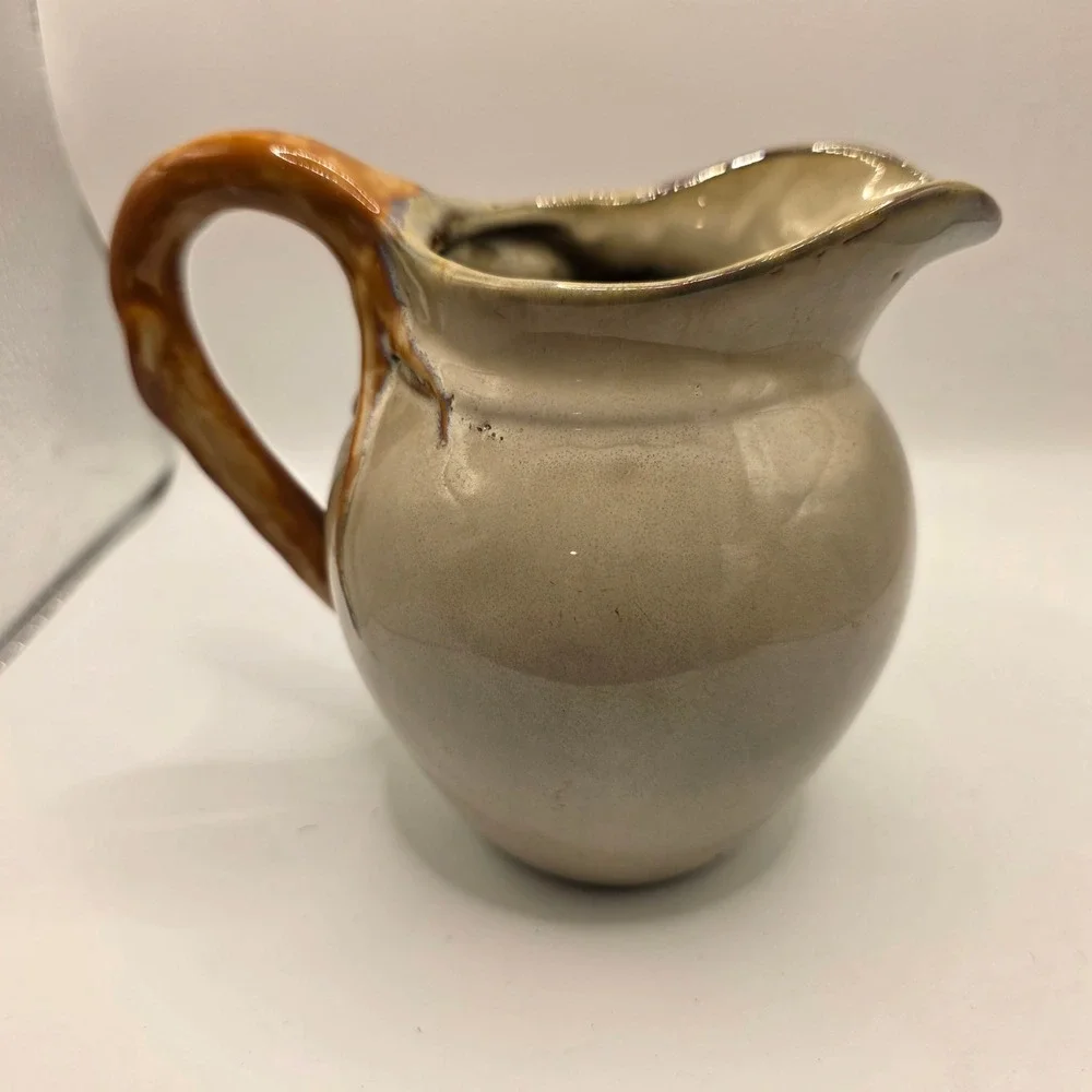 Vintage Studio Pottery Glazed Stoneware Maple Leaf Pitcher Branch Handle 5.5